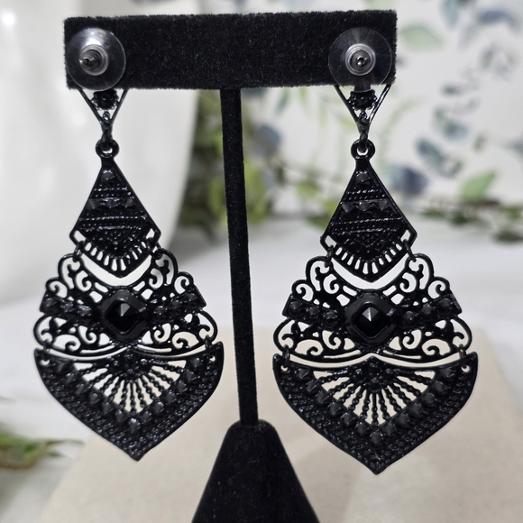Statement Black Metal Filigree and Crystal Drop Earrings - Picture 8 of 10